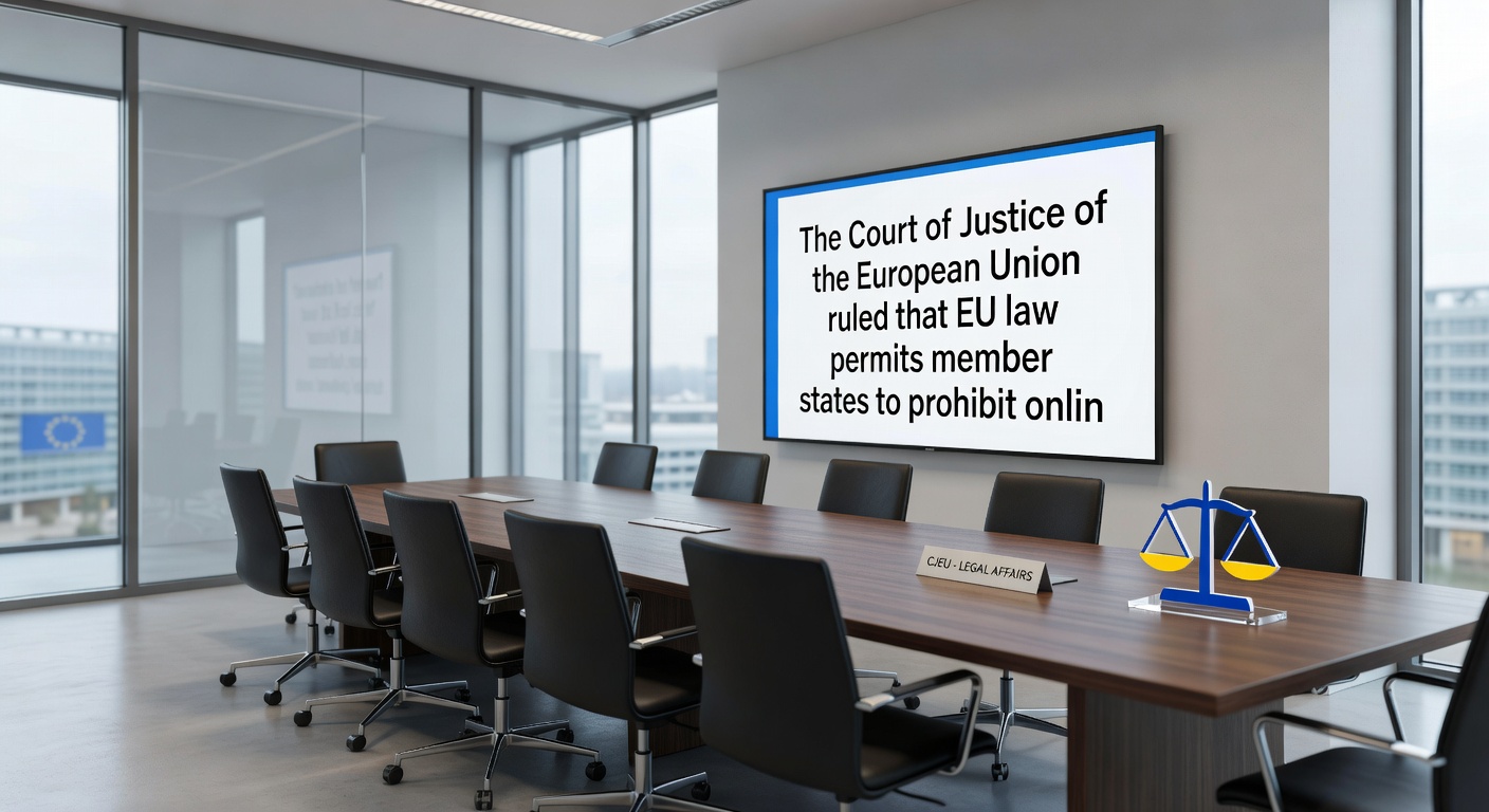 Gerichtssaal-Szene mit Richtern und Dokumenten, illustriert die rechtliche Auseinandersetzung um Online-Glücksspiele in der EU